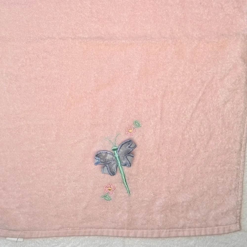 VTG Pink Butterfly Embroidered Bath & Hand Towel Set Cottagecore Coquette Decor